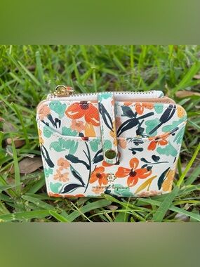 Nanette Lepore White Floral Zip Card Wallet with Orange & Mint Accents